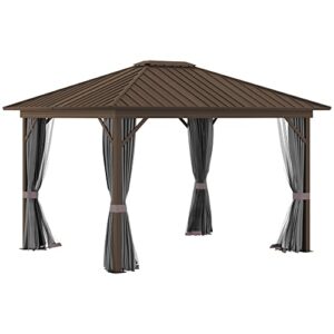 outsunny 10' x 12' hardtop gazebo canopy with galvanized steel roof, aluminum frame, permanent pavilion with top hook, netting and curtains for patio, garden, backyard, deck, lawn, gray