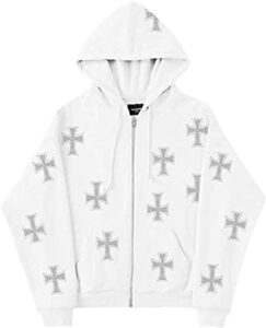 girsarrder women jackets zip up hoodie women cross printed oversized hoodies y2k comfy loose fit men trendy sweatshirts a-white