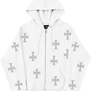 GIRSARRDER Women Jackets Zip Up Hoodie Women Cross Printed Oversized Hoodies Y2k Comfy Loose Fit Men Trendy Sweatshirts A-white