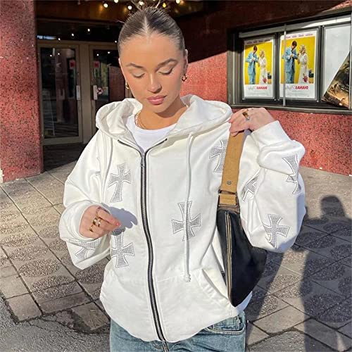 GIRSARRDER Women Jackets Zip Up Hoodie Women Cross Printed Oversized Hoodies Y2k Comfy Loose Fit Men Trendy Sweatshirts A-white