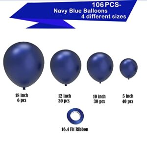 Navy Blue Balloons Garland Kit,106 pcs Navy Balloons Dark Blue Latex Balloons with 18 12 10 5 Inch Party Balloon Kit for Birthday Baby Shower Wedding Graduation Decoration