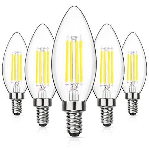 MAXvolador Dimmable E12 Candelabra LED Light Bulbs 60W Equivalent, Daylight White 5000K, 600Lumens LED Chandelier Bulb, Decorative B11 Filament Candle Light Bulbs Clear Glass, Pack of 5