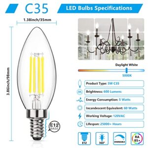 MAXvolador Dimmable E12 Candelabra LED Light Bulbs 60W Equivalent, Daylight White 5000K, 600Lumens LED Chandelier Bulb, Decorative B11 Filament Candle Light Bulbs Clear Glass, Pack of 5