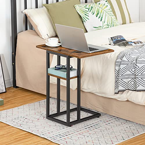 HOOBRO Foldable End Table, C Shaped Side Table with Storage Shelf, Small Snack Table Suitable for Living Room Bedroom Small Spaces, Easy Assembly, Rustic Brown BF29SF01