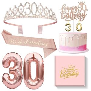 30th birthday gifts decorations for her - 30 birthday cake topper, balloons, queen sash, crown and candle set, rose gold