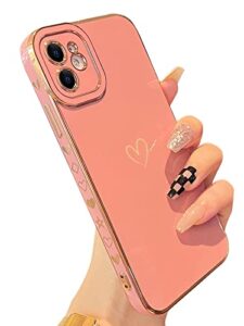 skyseaco compatible with iphone 12 case, cute luxury plating heart case for women girls, soft tpu full camera shockproof protective case for iphone 12 6.1 inch.(pink)