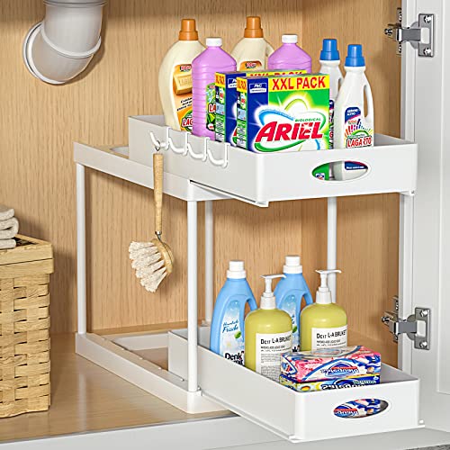 Aojia Under Sink Organizer with 2 Sliding Drawers, Bathroom Organizer Under Cabinet, Pull-out Under Sink Storage，Under Cabinet Storage for Kitchen and Bathroom