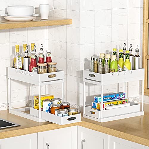 Aojia Under Sink Organizer with 2 Sliding Drawers, Bathroom Organizer Under Cabinet, Pull-out Under Sink Storage，Under Cabinet Storage for Kitchen and Bathroom