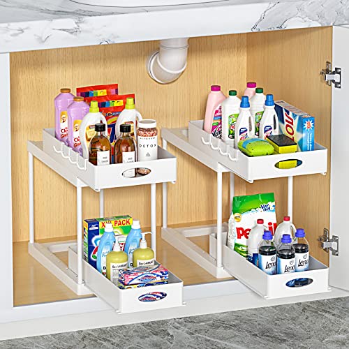 Aojia Under Sink Organizer with 2 Sliding Drawers, Bathroom Organizer Under Cabinet, Pull-out Under Sink Storage，Under Cabinet Storage for Kitchen and Bathroom