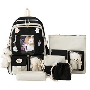 aonuowe 5 pcs cute aesthetic backpack set for school teens, 3 plushies & 5 pins & cards kawaii backpack with accessories (black)