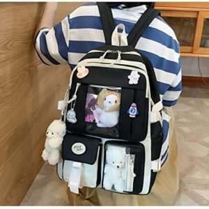 AONUOWE 5 pcs Cute Aesthetic Backpack Set for School Teens, 3 Plushies & 5 Pins & Cards Kawaii Backpack with Accessories (Black)