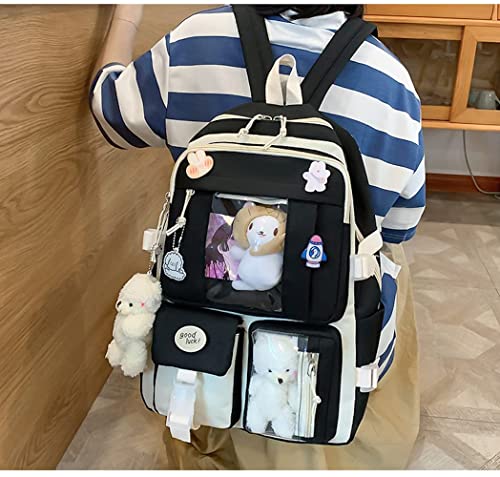 AONUOWE 5 pcs Cute Aesthetic Backpack Set for School Teens, 3 Plushies & 5 Pins & Cards Kawaii Backpack with Accessories (Black)