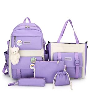 aonuowe 5pcs aesthetic backpack set for school teens girls daypack cute trendy large capacity preppy shoulder bag (purple)