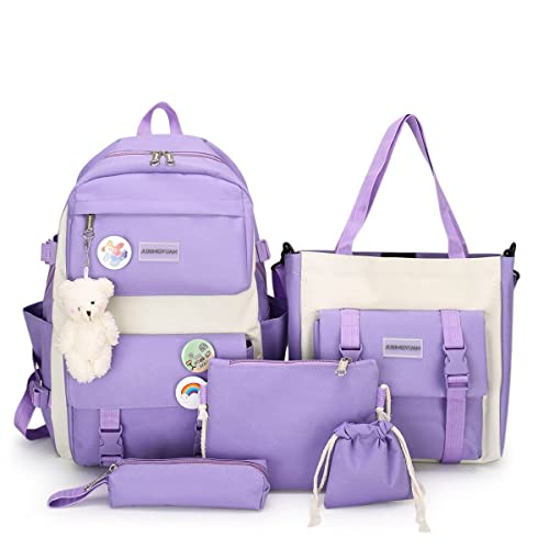 AONUOWE 5pcs Aesthetic Backpack Set for School Teens Girls Daypack Cute Trendy Large Capacity Preppy Shoulder Bag (Purple)