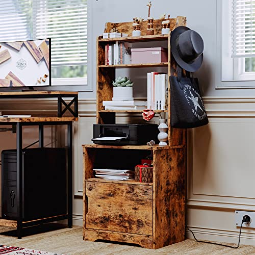 LIKIMIO Nightstand with Charging Station, 55" Tall End Side Table with Storage Cabinet, Small Bookshelf, for Living Room Office Bedroom, Vintage Brown