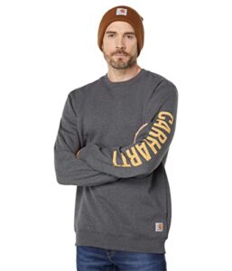 carhartt men's loose fit midweight crewneck logo sleeve graphic sweatshirt, carbon heather, x-large
