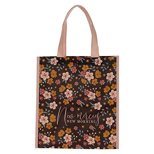 Christian Art Gifts Reusable Collapsible Fashion Shopping Tote Bag for Women: New Mercies & Morning - Inspirational Faith-based Durable Handbag for Groceries, Books, Supplies, Black Multicolor Floral