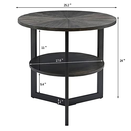 MODERION Large Round End Table with Storage Shelf, Rustic Circular Sofa Side Black Metal Legs, Solid Wood Nightstand, Telephone for Living Room, Bedroom, 25.2''D x 24''H Brushed CJZ1338BK