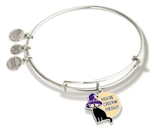 alex and ani collections expandable bangle for women, you’re creepin’ meowt charm, shiny silver finish, 2 to 3.5 in