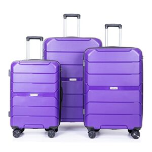 travelhouse hardshell 3 piece set, pp hard wheel suitcase set with spinner wheels, tsa lock, 20 inch 24 inch 28 inch women's luggage set (purple)