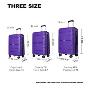 Travelhouse hardshell 3 Piece Set, PP Hard Wheel Suitcase Set with Spinner Wheels, TSA Lock, 20 inch 24 inch 28 inch Women's Luggage Set (Purple)