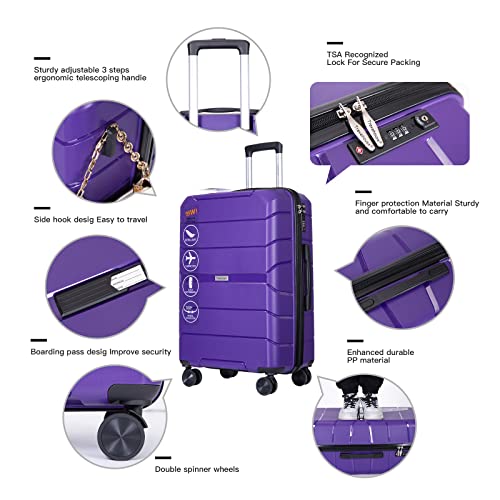 Travelhouse hardshell 3 Piece Set, PP Hard Wheel Suitcase Set with Spinner Wheels, TSA Lock, 20 inch 24 inch 28 inch Women's Luggage Set (Purple)