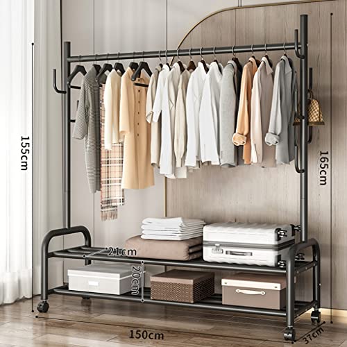 GAOZHE Industrial Pipe Clothing Rack Clothing Racks On Wheels, Retail Clothes Rack with Wheels Vintage Garment Rack with Shelves (Color : Black, Size : 150 * 37 * 165cm)