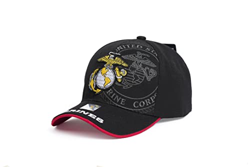 Ashen Fane U.S. Military Marine Corps Official Licensed Premium 6 Panel Adjustable Veteran Baseball Cap, Black with Yellow Emblem