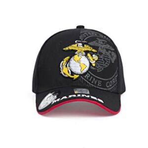 Ashen Fane U.S. Military Marine Corps Official Licensed Premium 6 Panel Adjustable Veteran Baseball Cap, Black with Yellow Emblem