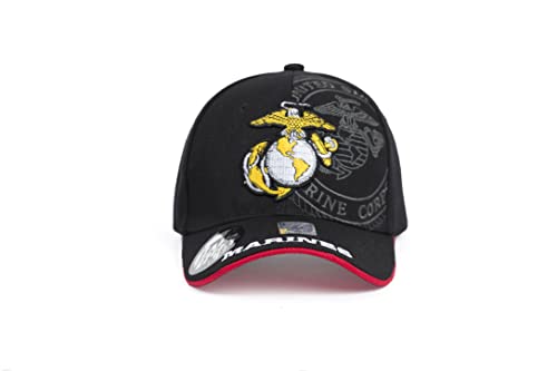 Ashen Fane U.S. Military Marine Corps Official Licensed Premium 6 Panel Adjustable Veteran Baseball Cap, Black with Yellow Emblem