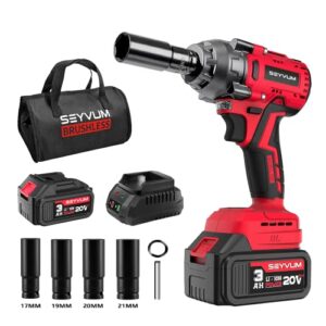 seyvum impact wrench,1/2" impact gun, power impact driver max torque 320 ft-lbs (430n.m), cordless impact wrench with 20v brushless motor, 3.0ah li-ion battery with fast charger, 4 pcs impact sockets