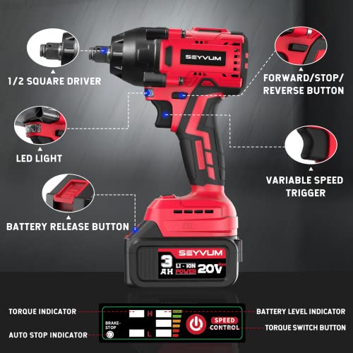 SEYVUM Impact Wrench,1/2" Impact Gun, Power Impact Driver Max Torque 320 Ft-lbs (430N.m), Cordless Impact Wrench with 20V Brushless Motor, 3.0Ah Li-ion Battery with Fast Charger, 4 Pcs Impact Sockets