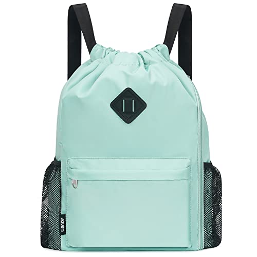 WANDF Drawstring Backpack Sports Gym Bag with Shoes Compartment, Water-Resistant String Backpack Cinch for Women Men (Large,Mint green)