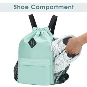 WANDF Drawstring Backpack Sports Gym Bag with Shoes Compartment, Water-Resistant String Backpack Cinch for Women Men (Large,Mint green)