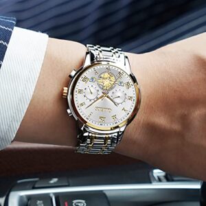 OLEVS Watch Men Gold and Silver Watches for Men Stainless Steel Watch Waterproof Luxury Sport Watches for Men Analog Chronograph Multifunction Watch with Date Casual Business Men Wrist Watch Reloj De Hombre