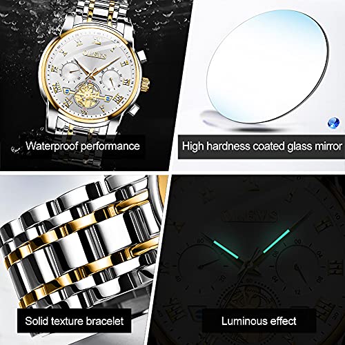 OLEVS Watch Men Gold and Silver Watches for Men Stainless Steel Watch Waterproof Luxury Sport Watches for Men Analog Chronograph Multifunction Watch with Date Casual Business Men Wrist Watch Reloj De Hombre