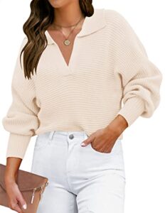 zesica women's 2023 fall lapel collar v neck long sleeve ribbed knit comfy loose casual pullover sweater jumper top,beige,medium