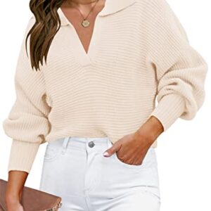 ZESICA Women's 2023 Fall Lapel Collar V Neck Long Sleeve Ribbed Knit Comfy Loose Casual Pullover Sweater Jumper Top,Beige,Medium