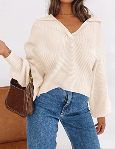 ZESICA Women's 2023 Fall Lapel Collar V Neck Long Sleeve Ribbed Knit Comfy Loose Casual Pullover Sweater Jumper Top,Beige,Medium