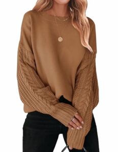 zesica women's 2023 fall long sleeve crew neck solid color cable knit chunky casual oversized pullover sweater tops,camel,large