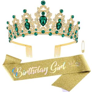 supoo birthday crowns birthday sash and crown kit green birthday tiara rhinestones crown with comb glitter birthday girls sash crystal headband happy birthday decorations gifts for women