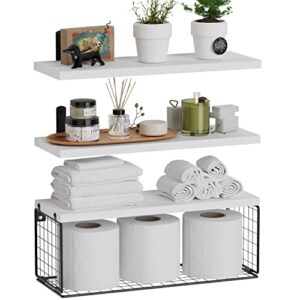 wopitues bathroom shelves over toilet, floating wall mounted with wire basket, wood floating shelf for wall décor, bathroom wall décor shelves–white