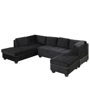 P PURLOVE Sectional Sofa with Reversible Chaise Lounge, Velvet L-Shaped Sofa with Storage Ottoman and Cup Holders, Nail Head Detail, Sectional Couches Living Room Furniture Sets (Black)