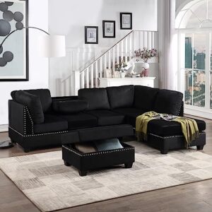 p purlove sectional sofa with reversible chaise lounge, velvet l-shaped sofa with storage ottoman and cup holders, nail head detail, sectional couches living room furniture sets (black)