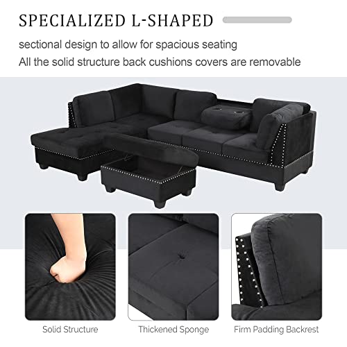 P PURLOVE Sectional Sofa with Reversible Chaise Lounge, Velvet L-Shaped Sofa with Storage Ottoman and Cup Holders, Nail Head Detail, Sectional Couches Living Room Furniture Sets (Black)