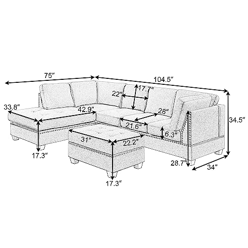 P PURLOVE Sectional Sofa with Reversible Chaise Lounge, Velvet L-Shaped Sofa with Storage Ottoman and Cup Holders, Nail Head Detail, Sectional Couches Living Room Furniture Sets (Black)