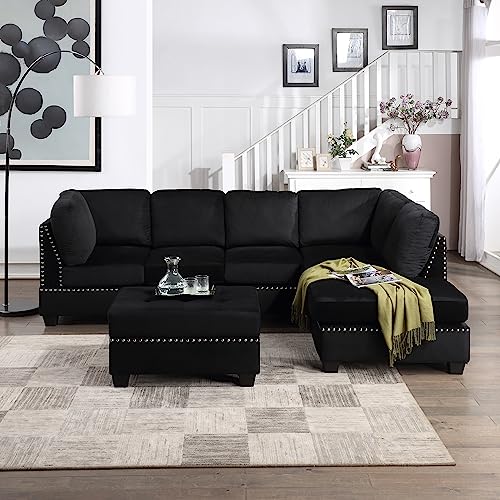 P PURLOVE Sectional Sofa with Reversible Chaise Lounge, Velvet L-Shaped Sofa with Storage Ottoman and Cup Holders, Nail Head Detail, Sectional Couches Living Room Furniture Sets (Black)