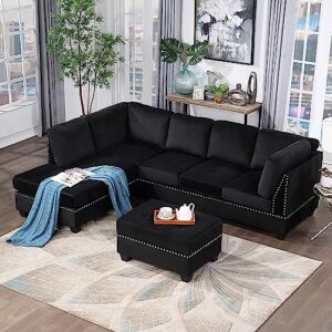 P PURLOVE Sectional Sofa with Reversible Chaise Lounge, Velvet L-Shaped Sofa with Storage Ottoman and Cup Holders, Nail Head Detail, Sectional Couches Living Room Furniture Sets (Black)