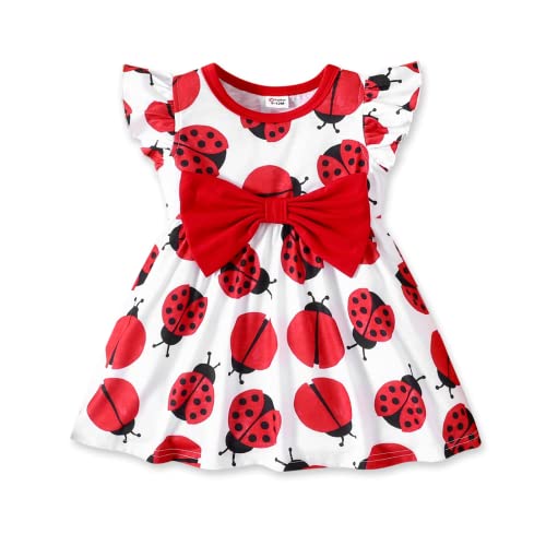 PATPAT Baby Girl Dress Cute Newborn Infant Girls Ruffle Sleeve Bowknot Dress Princess Casual Dress Ladybug 6-9 Months