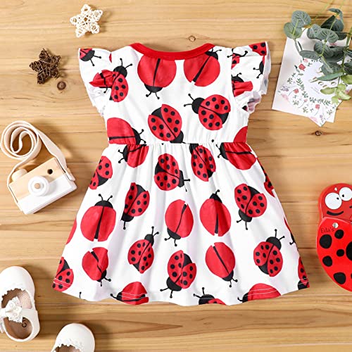 PATPAT Baby Girl Dress Cute Newborn Infant Girls Ruffle Sleeve Bowknot Dress Princess Casual Dress Ladybug 6-9 Months